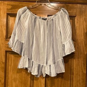 Medium Union Spectrum Blue and White Stripe Lightweight Cotton Ruffle Top